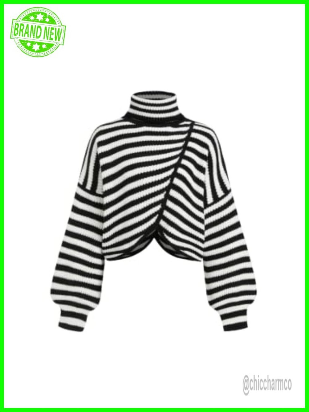 Cropped Turtleneck Sweater for Women Wrap Lantern Sleeve Knit Pullover